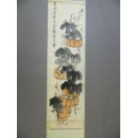 A Chinese watercolour scroll depicting gourds and crickets, 13" x 53½"