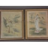 Two Chinese watercolours on silk, 'Quan Yin standing on a lotus flower', and 'Bearded scholar on a