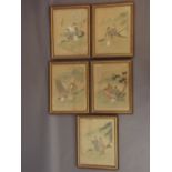 Five Chinese watercolour paintings on silk, 'A fisherman talking to a lady by a lake', 'Two women