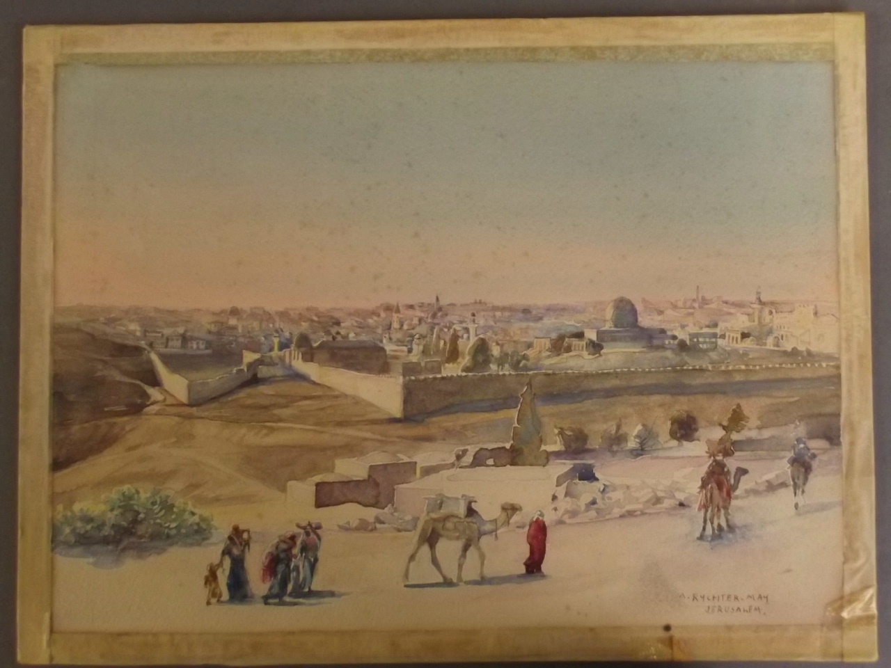 Anna Rychter-May, watercolour view of Jerusalem with figures and camels, 11½" x 8½"