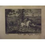 A C19th black and white engraving of a hunting scene, inscribed with the names of some of the