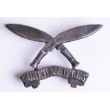 Hallmarked Silver Gurkha Rifles Pouch Badge, crossed Kukris on scroll with GURKHA RIFLES. Silver