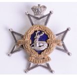 Victorian Derbyshire Regiment Officers Cap Badge, silver gilt and enamel example with pin back