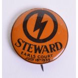 British Union of Fascists (B.U.F) Earls Court Rally 1939 Stewards Badge, brown celluloid tin