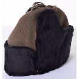 WW2 1941 Dated Winter Weather Cap, ribbed khaki cloth with black fur fold down sides and front.