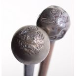 Royal Tank Regiment Swagger Stick, white metal ball top type with regimental badge to the centre.