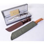 British Army Jungle Survival Knife with wooden handle having contract number, broad arrow stamp