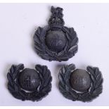 WW2 Royal Marines Bakelite Cap Badge and Collar Badge Set, dark blue Bakelite cap badge with two