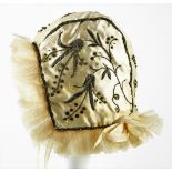 Satin Silk Silver Thread embroidered Christening Bonnet, circa 1860, thread embroidered flower