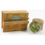 Tin-plate Pianola music box, German 1920’s, the printed tin with music book, lamps and key board,