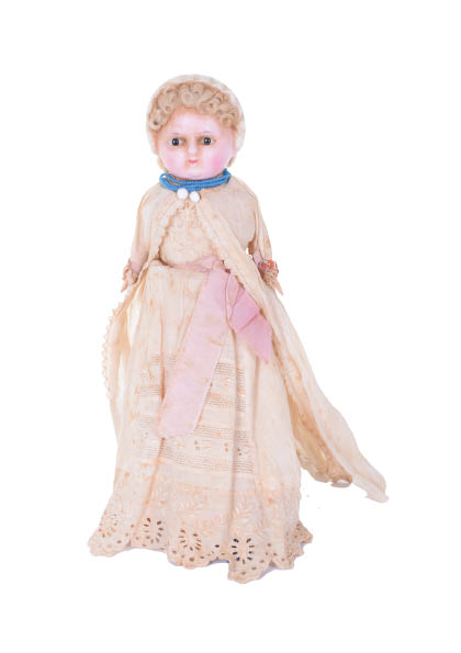 Rare Boy and Girl poured wax Bonnet shoulder head dolls, German circa 1860, the boy with blue - Image 2 of 3