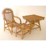 Early wicker table and chaise longue for French fashion doll, French circa 1870, square top table