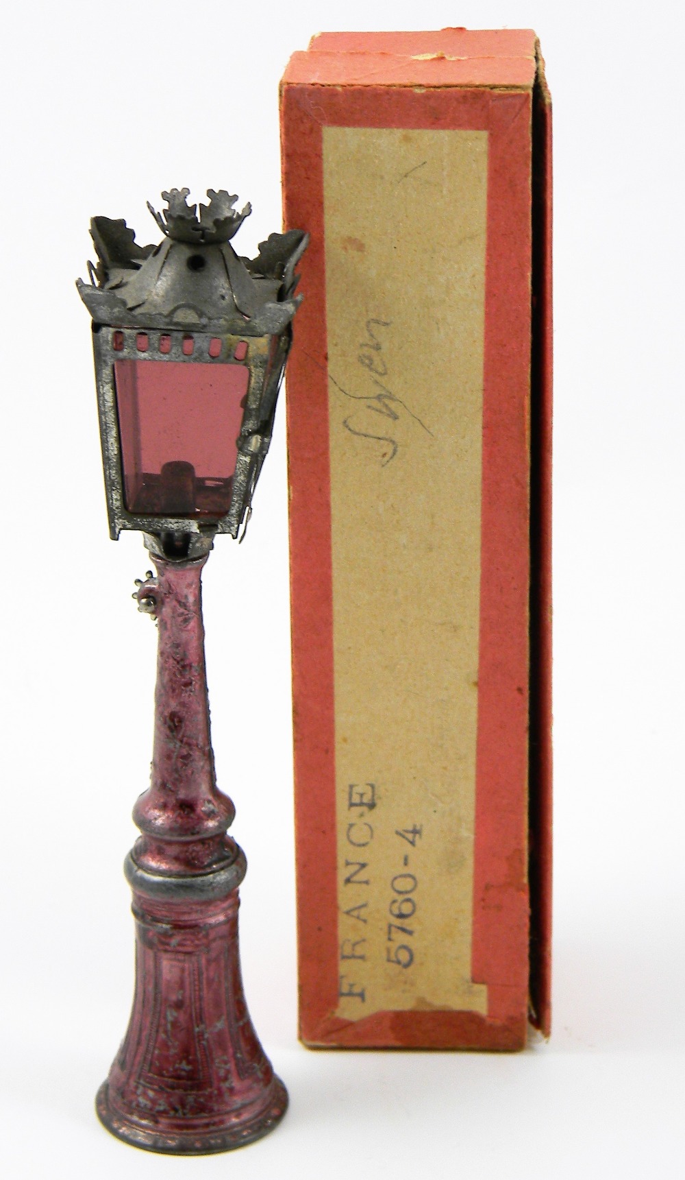 A miniature soft metal and tin Street Light by J.S of Paris, circa 1880, pressed decorative post