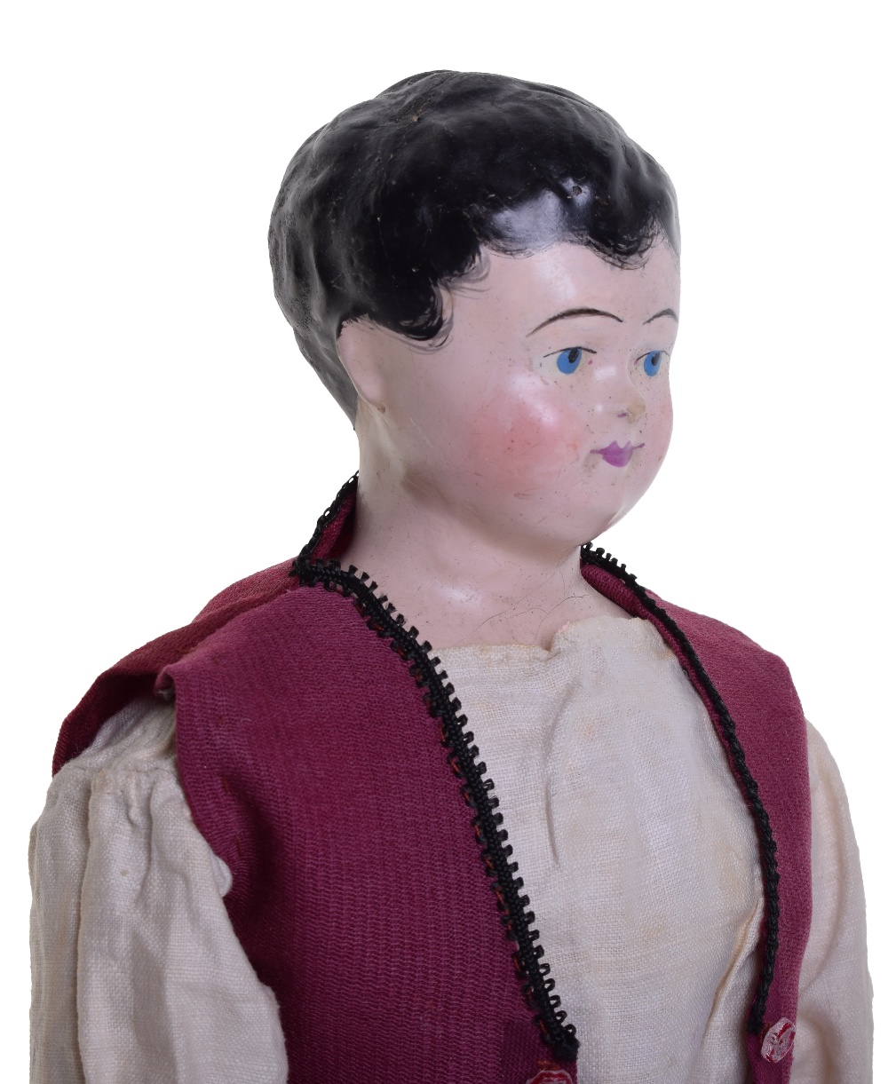 Papier-mache shoulder head boy, German circa 1850, with painted features and bright blue painted - Image 2 of 2