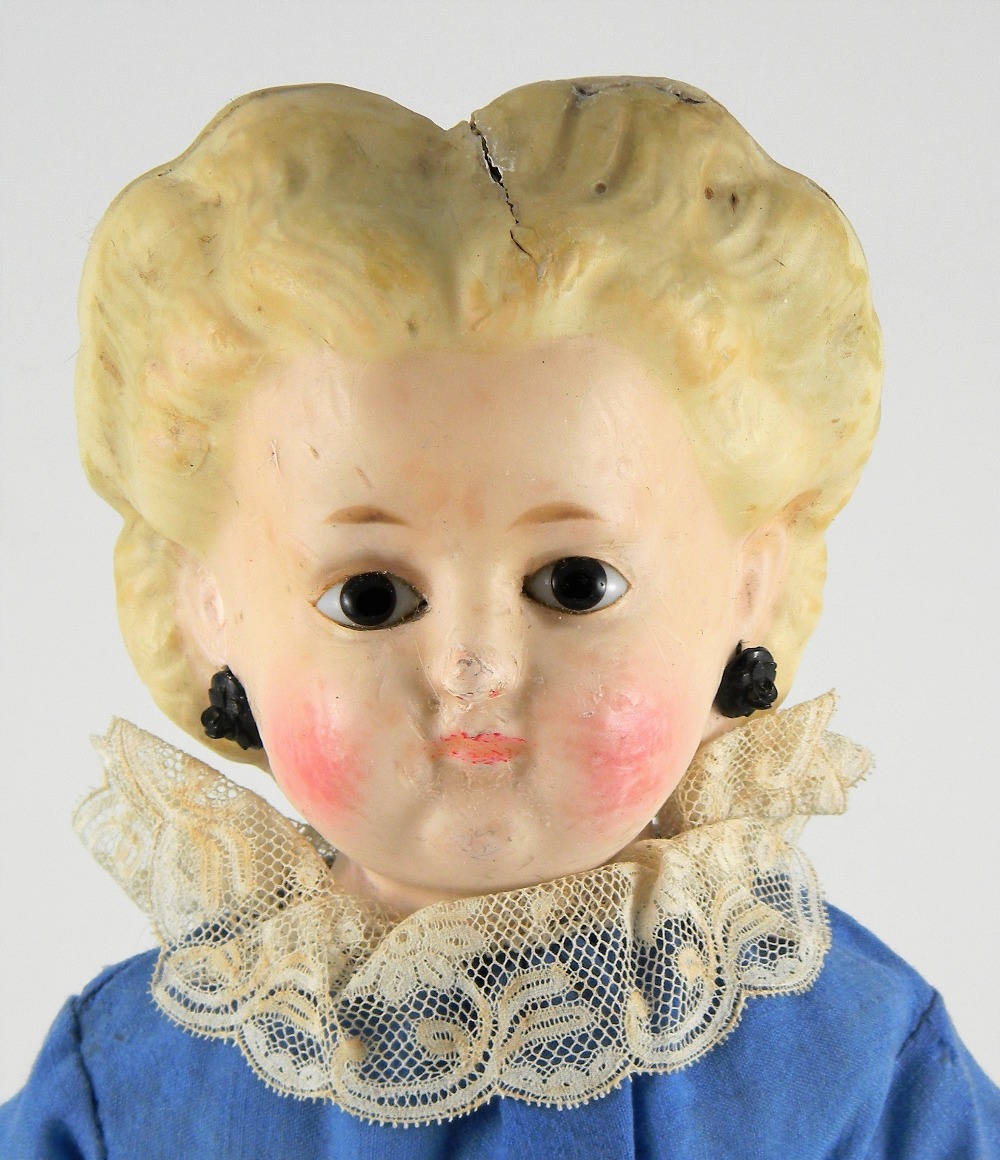 Wax over composition pumpkin shoulder head doll, German circa 1860, with black pupil-less glass - Image 2 of 2