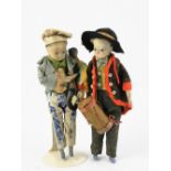 Pair of wax head Travelling Musician dolls, German circa 1860, both with black glass eyes, drummer