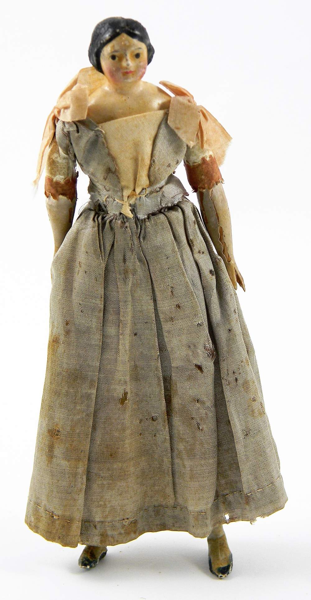 Miniature papier-mache shoulder head doll, German circa 1850, with painted features, moulded short