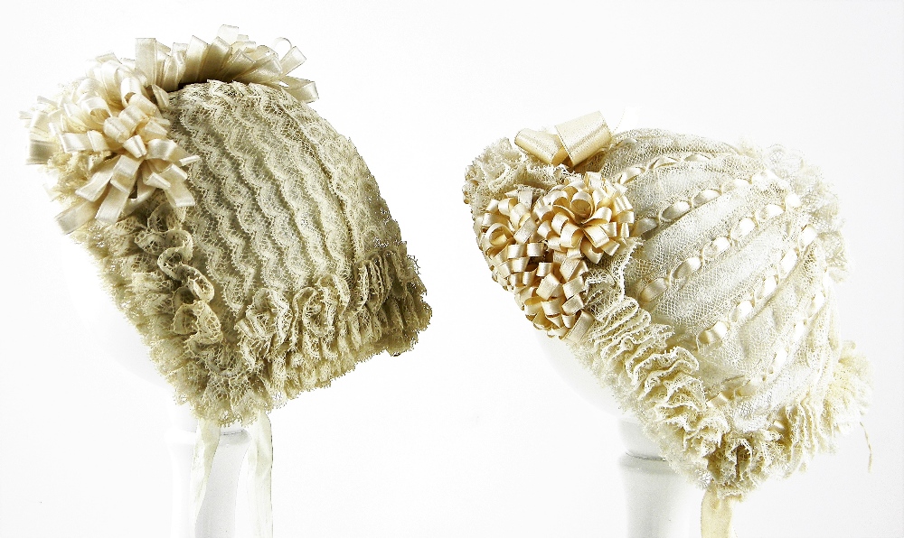 Two Christening Bonnets, circa 1890, first with Valenciennes lace, hem in three frilled rows, with