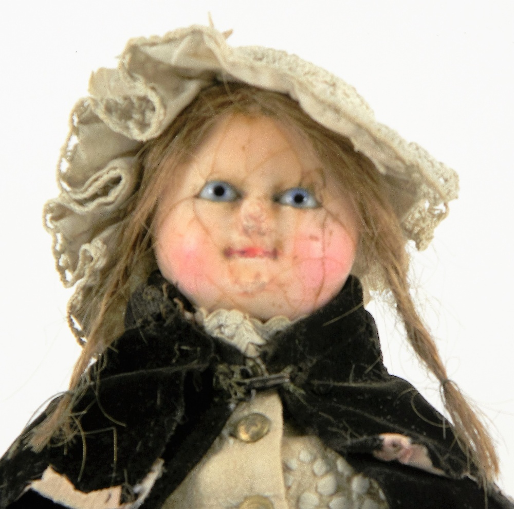 ‘Mad Alice’ wax over composition shoulder head doll, English circa 1840, with pale blue glass - Image 2 of 2