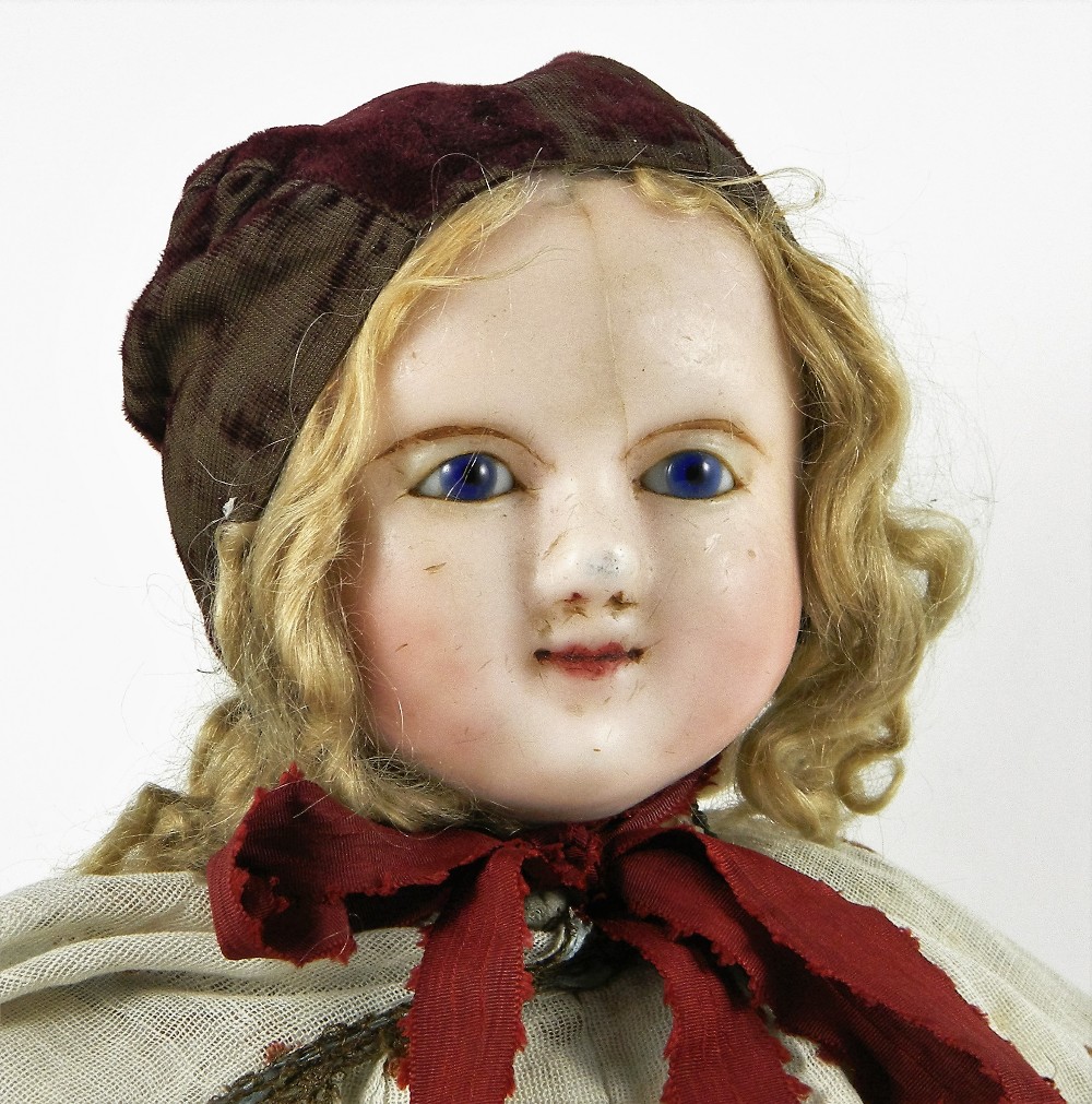 Large wax over composition shoulder head doll, English circa 1840, with bright blue glass eyes, - Image 2 of 2