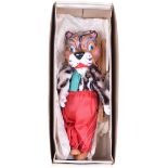 Pelham Puppet Tiger, 1963, carved and painted head, hands and feet, fur covered upper body and red