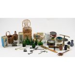 Collection of dolls house miniatures, including wicker chair and baskets, brass scales, set of green