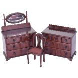 Finely made miniature Georgian style mahogany Chest of Drawers, Dresser and Side Chair, English