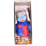 Pelham Puppet Elephant, 1963, carved painted head, hands and feet, felt ears, dressed, yellow box,