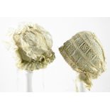 Two Babies Bonnets, circa 1905, baby bonnet lined with silk crepe, frilly cotton batiste and