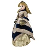 F.G bisque shoulder head fashion doll, circa 1870, with fixed blue glass eyes, feather brows and