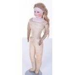 F.G bisque shoulder head fashion doll, circa 1870, with fixed light blue glass eyes, painted