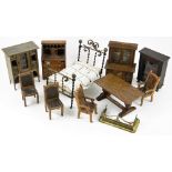 Late Victorian wooden Dolls House furniture, including a cabinet top section with double glazed open