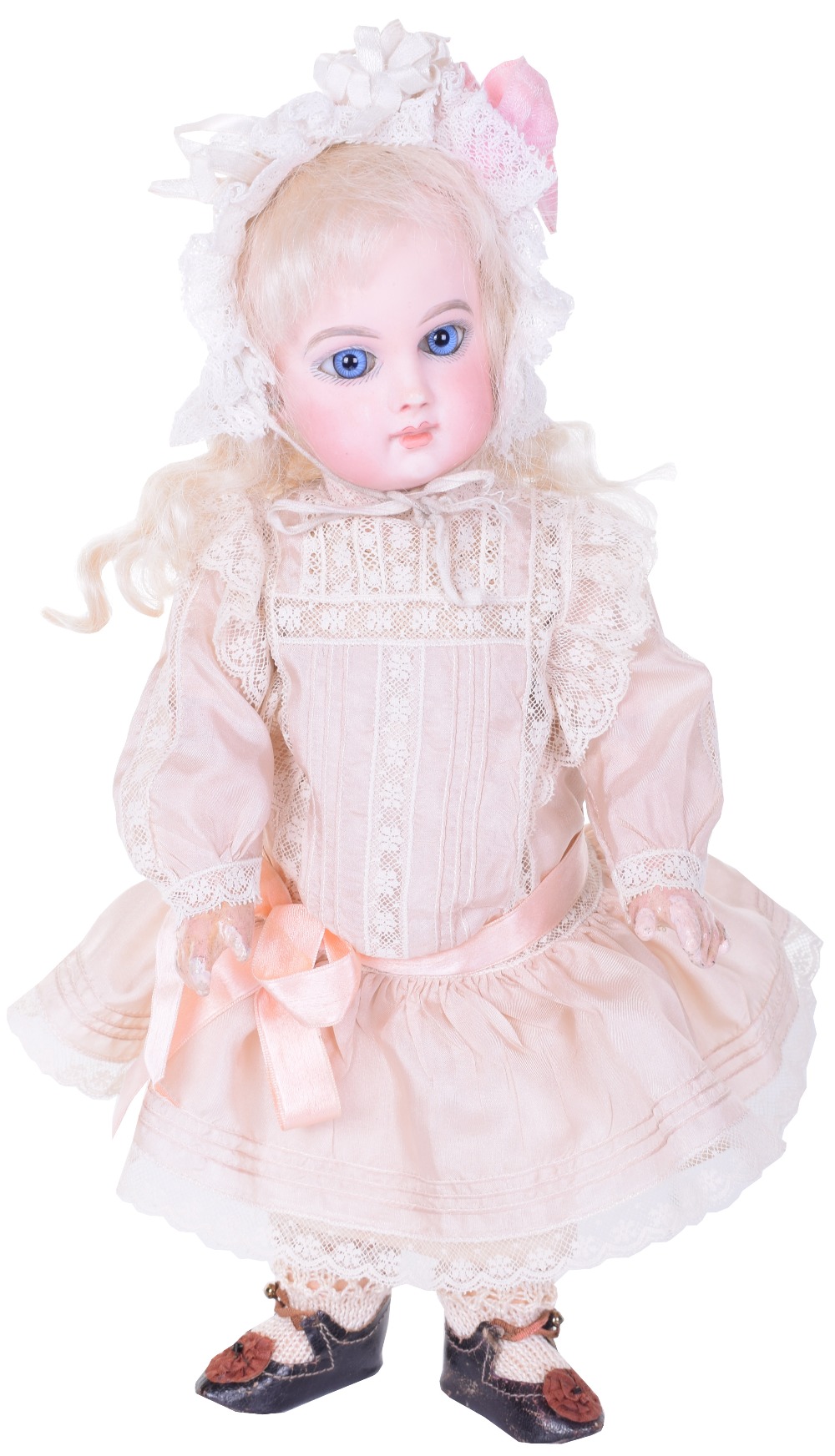 Depose E.J bisque head Bebe, size 4, circa 1880, with beautiful pale bisque head, fixed blue glass