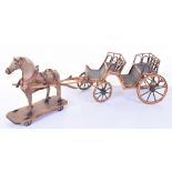 Toy skin covered Horse and Open Carriage, French 1880s, horse on wooden base with metal spoked