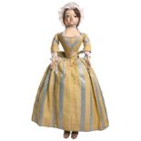 An important and large George II English wooden doll in original clothes, circa 1740, the gesso