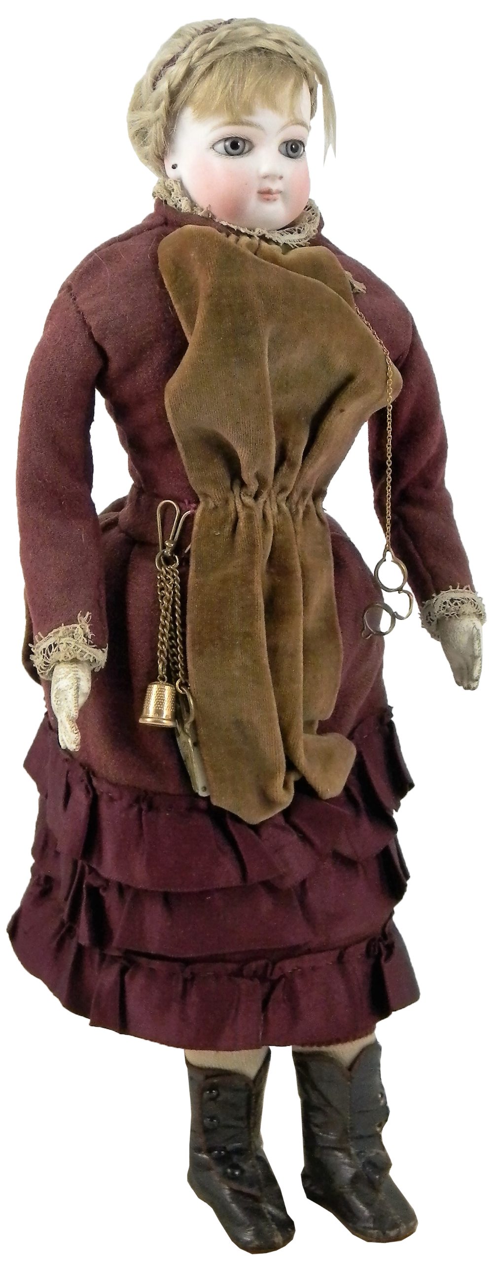 Early bisque shoulder head fashion doll in original clothes, circa 1870, beautiful pale bisque