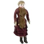 Early bisque shoulder head fashion doll in original clothes, circa 1870, beautiful pale bisque