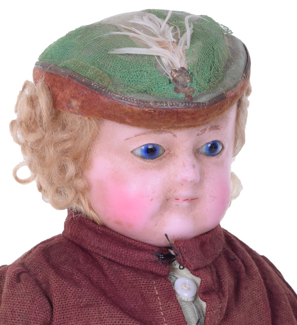 Rare Boy and Girl poured wax Bonnet shoulder head dolls, German circa 1860, the boy with blue - Image 3 of 3