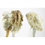 Two Babies Bonnets, circa 1900, larger ribbed silk bonnet with three rows of frills, cotton border