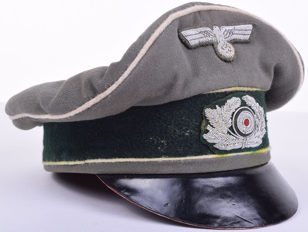 WW2 German Infantry Officers Peaked Cap grey cloth with white piping. Bullion eagle and cockade