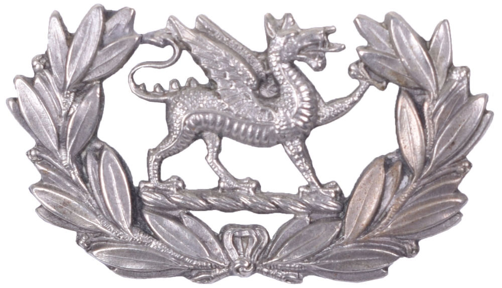 Rare Welsh Regiment Collar Badge circa 1881-82, white metal wreath with Dragon to the centre. Two