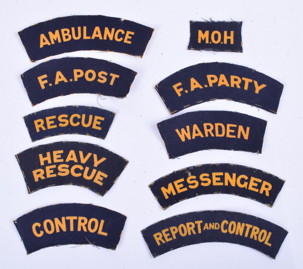 Selection of Printed Civil Defence Shoulder Titles, consisting of Report And Control, Control, Heavy
