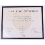 Dunkirk Certificate presented by the town of Dunkirk to a veteran, LT.COL. Delvin Freemantle Yate-