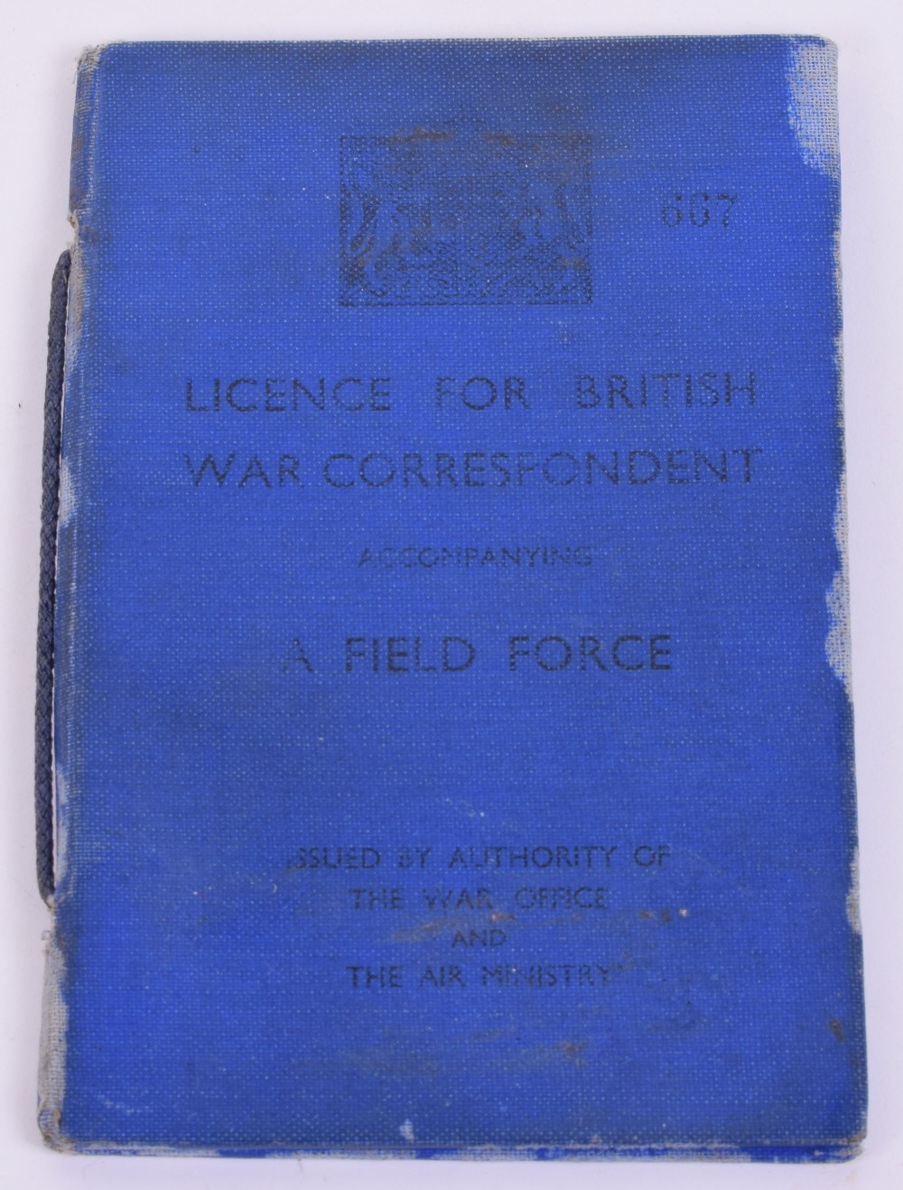 WW2 British War Correspondents License, blue printed cloth covered license / identity document