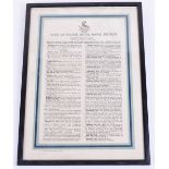 Hood Battalion Royal Naval Division Printed Great War History, framed and glazed printed history