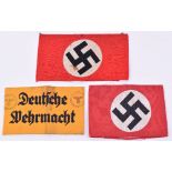 Three WW2 German Armbands, consisting of NSDAP party example with woven Swastika centre, remains