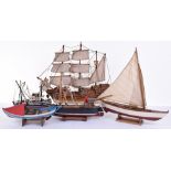 Five Contempory wooden Boat Models, Golden Hind, two Trawler fishing boats , sailing boat and rowing