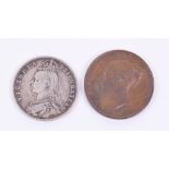 Queen Victoria 1887 Jubilee Head Silver Half Crown, accompanied by a Queen Victoria 1854 penny. Both