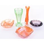 Selection of Coloured Glassware, consisting of a vase of slender twist form with orange colouring,