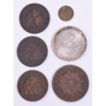 Spanish 1966 100 Ptas Coin, accompanied by 3x 1870 Spanish 10 Centimos, 1869 Uruguay 4 Centesimos